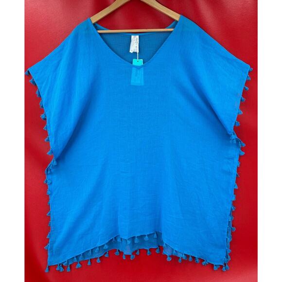 Seafolly Amnesia Kaftan Electric Blue Swim Cover Tassels Tunic Top One Size NWT - Picture 2 of 10